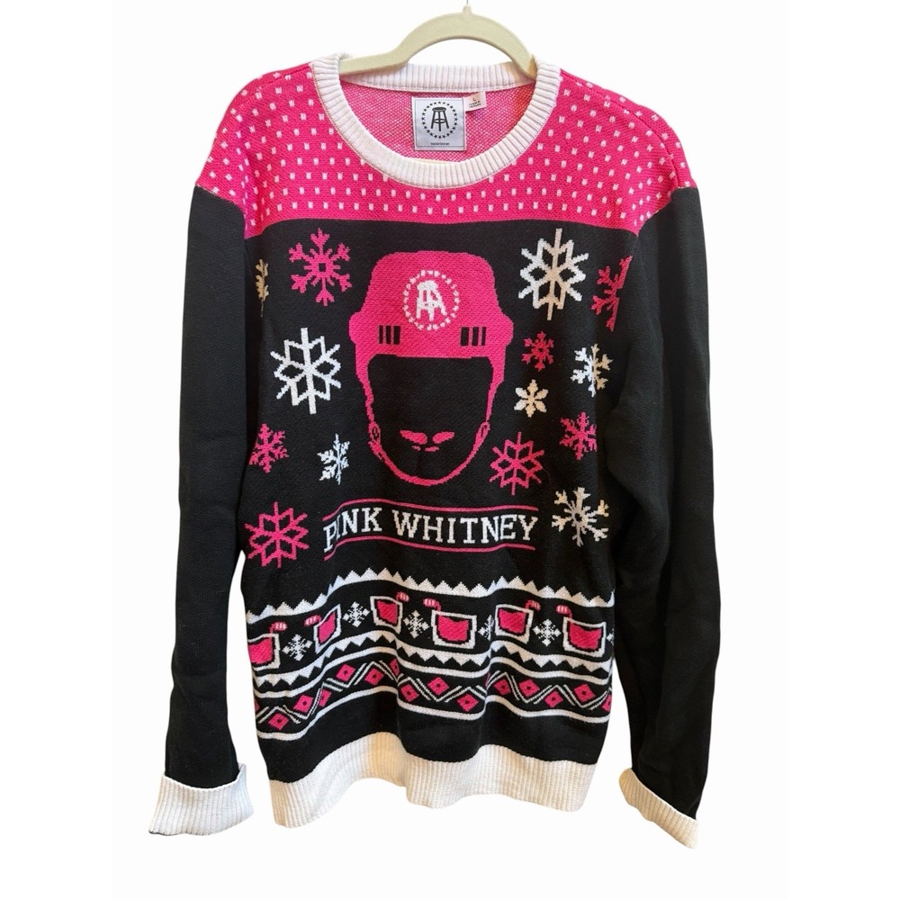 Barstool Sports Pink Whitney Vodka Rare Holiday Sweater Hockey Black Pink Sz L